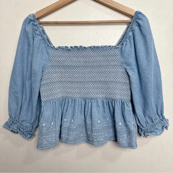 American Eagle Womens  Small Smocked Square Neck Babydoll Chambray Top - Picture 5 of 14